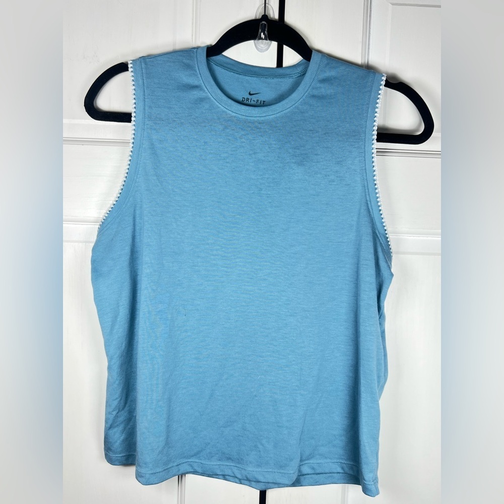 Nike Dri-FIT blue teal top crew neck with white crochet trim along armholes Sz M - Picture 3 of 7